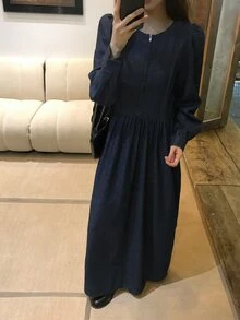 DAZY Women's Round Neck Casual Long Denim Dress - Dark Wash - View 5