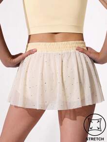 SHEIN 青少年女孩黑色網紗水鑽時尚運動裙，瑜伽體操套裝運動裙 - 黃色 - 查看 2