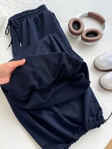 SHEIN EZwear 海軍藍大尺碼春夏百搭抽繩運動長褲 - 藏蓝色 - 查看 1