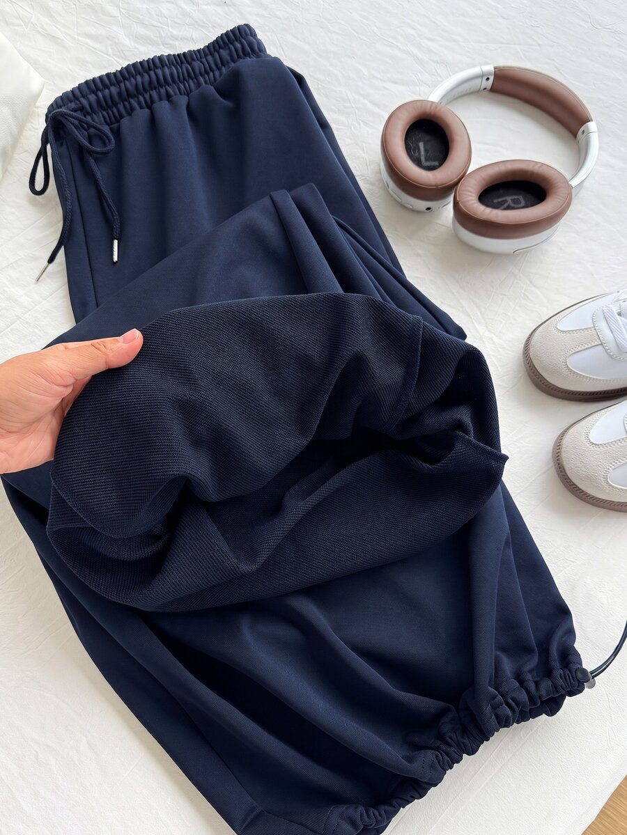 SHEIN EZwear 海軍藍大尺碼春夏百搭抽繩運動長褲 - 藏蓝色 - 查看 1