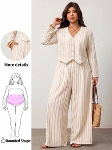 Enliva Plus-Size Women's Casual Striped Shirt And Trousers Set Apple,Rounded Body - Apricot - View 6