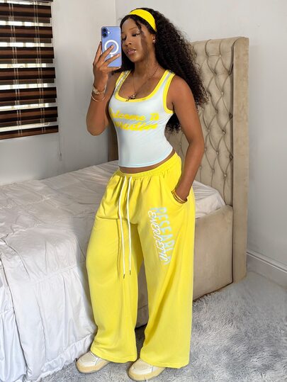StreetHx Women's Sleeveless Round Neck Top & Drawstring Long Pants Printed Two Pieces Set,Vacation Outfits Women ,2000s Style,Afro Fashion Outfits