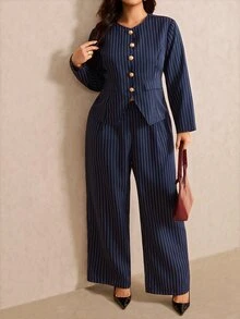 Elaquor 大尺碼女款海軍藍單排扣襯衫與長褲優雅商務休閒兩件套,適合辦公室、晚餐、正式場合,秋季穿搭 - 藏蓝色 - 查看 7