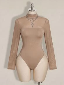 SHEIN ICON 大尺碼網格拼接 Y2K 性感連身衣 - 卡其色 - 查看 1