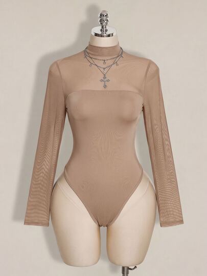 SHEIN ICON Plus Size Mesh Patchwork Y2K Sexy Bodysuit