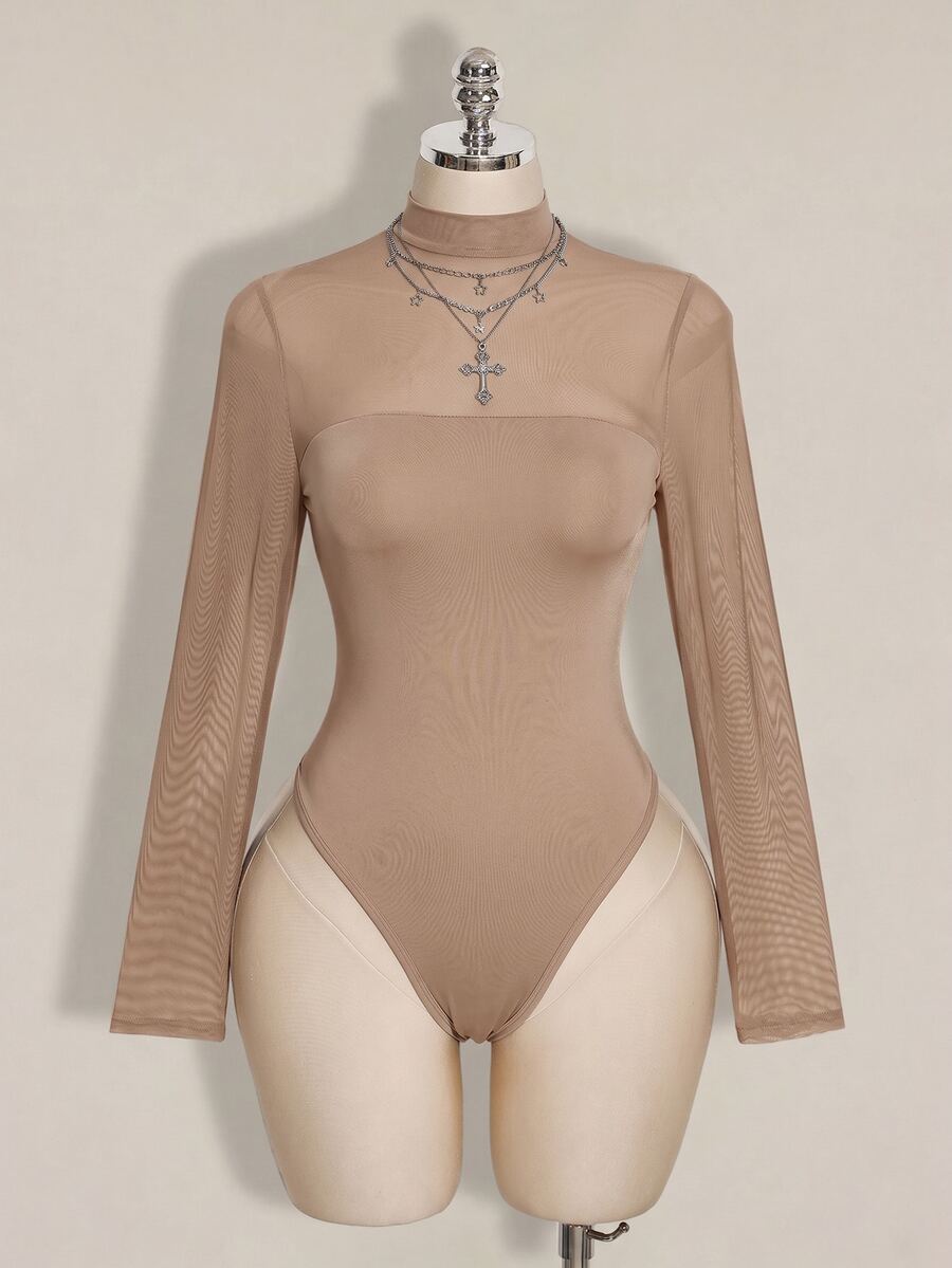 SHEIN ICON 大尺碼網格拼接 Y2K 性感連身衣 - 卡其色 - 查看 1
