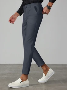 Manfinity Bizformal Men's Solid Color Drawstring Pocket Slim Fit Business Casual Suit Pants - Dusty Blue - View 5