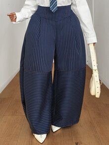 Maweii 大尺碼女款時尚百搭高腰條紋寬腿長褲 - 藏蓝色 - 查看 4