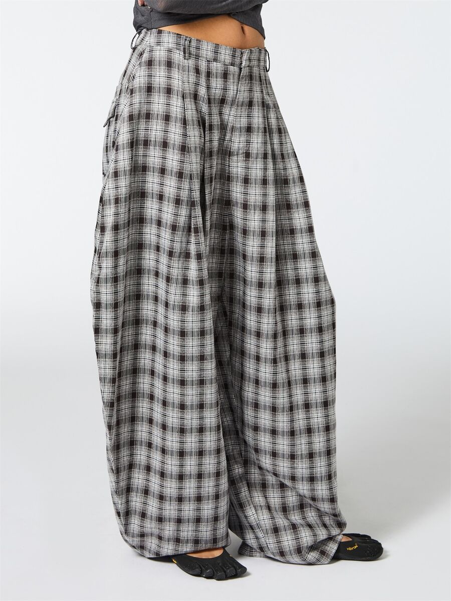 COUREZ BAGGY BALLOON CHECK TROUSERS WITH ASYMMETRIC BACK DETAIL - Black and White - View 1