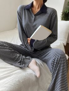 DAZY Women's Collared Button Long Sleeve Top & Striped Long Pants Loungewear Set - Grey - View 1
