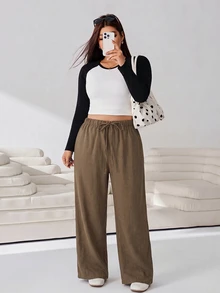 Solflare Plus Size Casual Drawstring Waist Loose Pants For Daily Wear - Coffee Brown - View 3