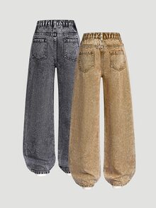 SHEIN Explorewe 女童 2 件組多色百搭寬鬆直筒修身休閒寬腿牛仔褲，適合春、秋、冬，日常穿著、學校、度假、感恩節、聖誕節或返校季 - 彩色 - 查看 2