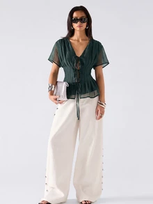 SHEIN EZwear 深綠色春夏純色領口百褶休閒百搭日常短袖大尺碼襯衫 - 墨綠色 - 查看 8