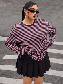 Muchica Plus Size Korean Style Minimalist Striped Colorblock Long Sleeve Crew Neck T-Shirt Fall - Multicolor - View 3