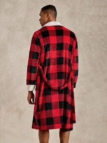 EverLounge Autumn/Winter Men's Minimalist Basic Fit Classic Black & Red Plaid Print Christmas Atmosphere Contrast Color Lapel Design Loungewear Robe - Multicolor - View 2