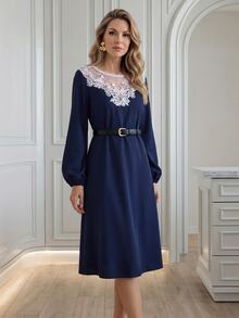 Medorina Women's French Fashion Lace Patchwork Long Sleeve Dress - Navy Blue - View 6