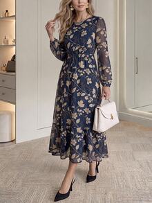 Medorina Women's Elegant Versatile Floral Print Long Sleeve Dress - Multicolor - View 4