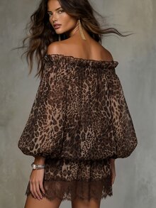 Solivie Women's Autumn Off-Shoulder Leopard Print Short Dress Coffee Color - Coffee - View 2