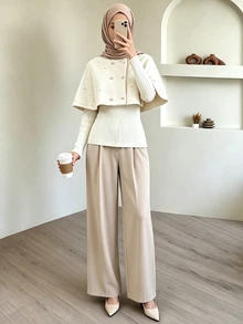 Celisse 女款優雅休閒日常通勤杏色二合一鈕扣珍珠領披肩領打底上衣外套 - 彩色 - 查看 9