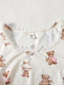 SHEIN Teen Girl Teen Girl Sweet Simple Cute Bear Pattern Round Neck Ruffle Trim Gathered Hem Long Sleeve Extended Pants Soft Comfortable Home Sleepwear Set 2pcs - Multicolor - View 5