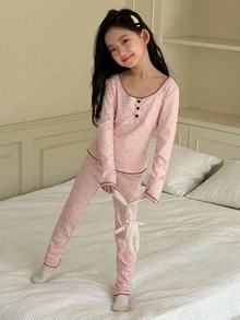 DAZY Tween Girl Button Half-Placket Long Sleeve Top And Polka Dot Print Pants Loungewear Set - Pink - View 5
