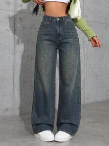 SHEIN EZwear 女款寬鬆寬腿休閒百搭牛仔褲，附口袋 - 深色水洗藍 - 查看 3