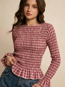 Poéselle Women's Plaid Pattern Long Sleeve Round Neck Ruffle Hem Blouse - Red - View 1