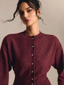 Poéselle 女款復古時尚鈕扣收腰針織開襟衫 - 酒紅色 - 查看 5