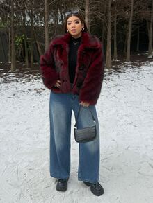 Muchica Plus-Size Burgundy Faux Fur Cropped Jacket For Autumn And Winter, Featuring Toggle Closures And A Full Lining. - Redwood - View 3