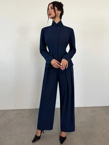 Firerie Autumn/Winter Elegant Commute Solid Navy Blue Long Sleeve Blazer & Pants Suit Set, Suitable For Office Wear, Women's Suit Set - Navy Blue - View 8