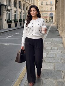 Dripcurv Plus Size Women Polka Dot Print Long Sleeve Single-Breasted Casual Knit Cardigan Winter - Apricot - View 5