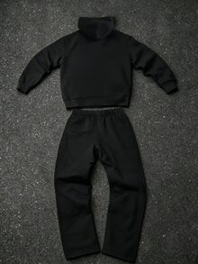 SHEIN 青少年男孩 2件組黑色連帽字母印花衛衣與寬腿運動長褲，適合秋冬返校季節 - 黑色 - 查看 2