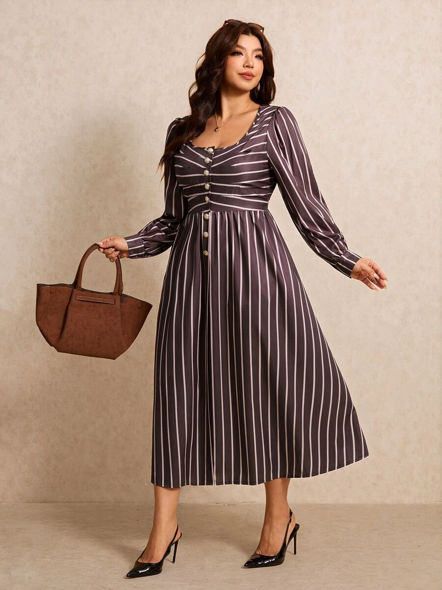 Elaquor Plus Size Women's Striped Button Half-Placket Long Sleeve Casual Dress - Multicolor - View 1