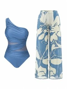 Swim Oasis 2026SS 春夏綠色波西米亞風優雅高端女款一體式套裝 度假海灘海邊休閒穿搭 - 霧霾藍 - 查看 3