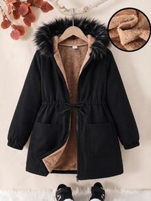 Jaket Musim Gugur Anak Perempuan Remaja Warna Polos Lengan Panjang dengan Resleting dan Lapisan Termal, Dilengkapi Tudung, - Khaki - View 8