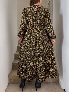 SHEIN LUNE 大尺碼女款小碎花圓領燈籠袖優雅連身裙 秋季 - 黃色 - 查看 2