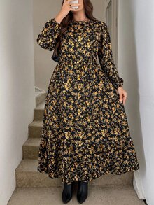SHEIN LUNE 大尺碼女款小碎花圓領燈籠袖優雅連身裙 秋季 - 黃色 - 查看 6