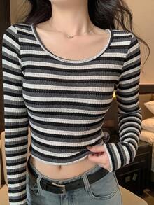 DAZY 女款條紋圓領長袖修身休閒T恤 Y2K - 黑色 - 查看 7