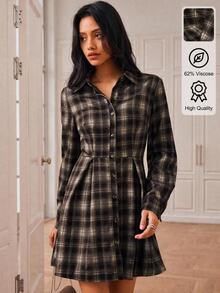 Écloséra Autumn/Winter Vintage Plaid Long Sleeve Pleated Hem Shirt Dress - Brown - View 1