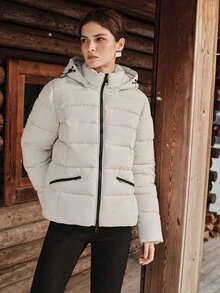 Anewsta Winter Solid Color Detachable Hood Contrast Zipper Padded Coat - Apricot - View 4