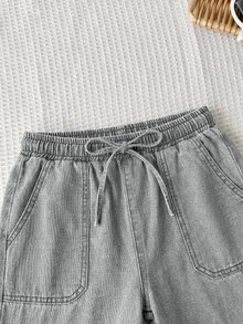 Tween Girl Fashionable Versatile Drawstring Waist Pocket Loose Denim Jeans - Light Grey - View 2