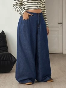 Flexra Festival Plus Size Women Blue Non-Stretch Loose Sexy Wide Leg Denim Jeans - Dark Wash - View 5