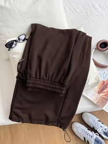 SHEIN EZwear Chocolate Brown Plus Size Spring/Summer Versatile Drawstring Sweatpants - Chocolate Brown - View 6