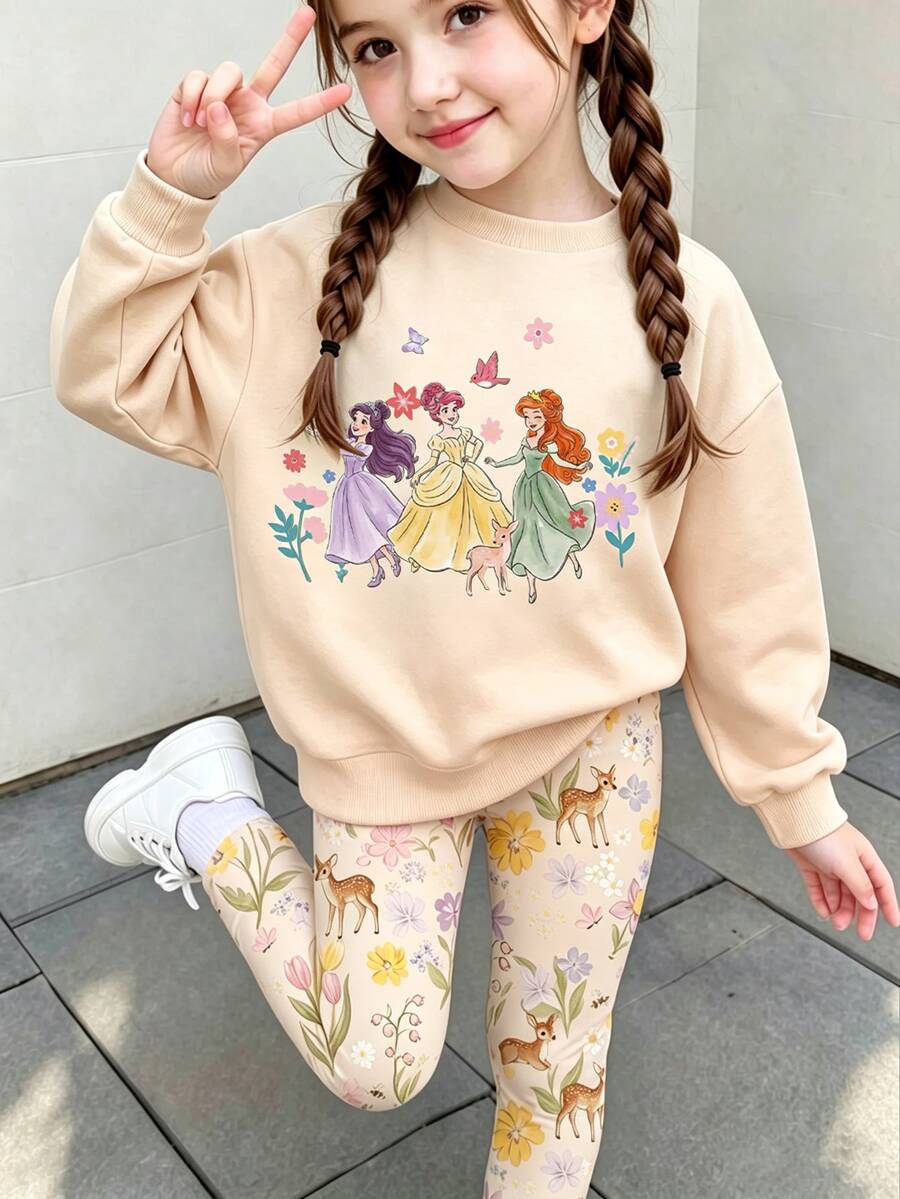 SHEIN 小女孩 2件套 公主卡通印花圓領衛衣與花卉鹿紋印花內搭褲，甜美休閒秋季居家戶外穿著套裝 - 彩色 - 查看 1