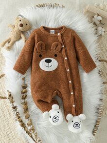 SHEIN 0-12M Unisex Baby Footed Jumpsuit, Bear Applique Patch Ribbed Knit Side Snap Long Sleeve , Spring Autumn Newborn Jumpsuit - Chocolate Brown - View 1