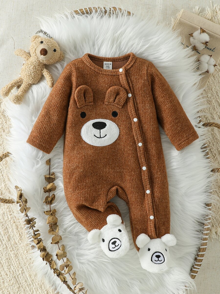 SHEIN 0-12M Unisex Baby Footed Jumpsuit, Bear Applique Patch Ribbed Knit Side Snap Long Sleeve , Spring Autumn Newborn Jumpsuit - Chocolate Brown - View 1
