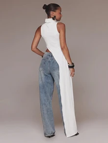 MUSERA High Neck Asymmetric Cut Out Side Draped Maxi Length Long Sleeveless Top Cute Sexy Holiday Spring - White - View 2
