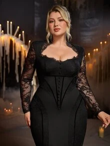 Glamrae Plus Size Black Lace Patchwork Elastic Fabric Cinched Waist Mermaid Tail Gothic Heavy Embellished Evening Gown - Black - View 1