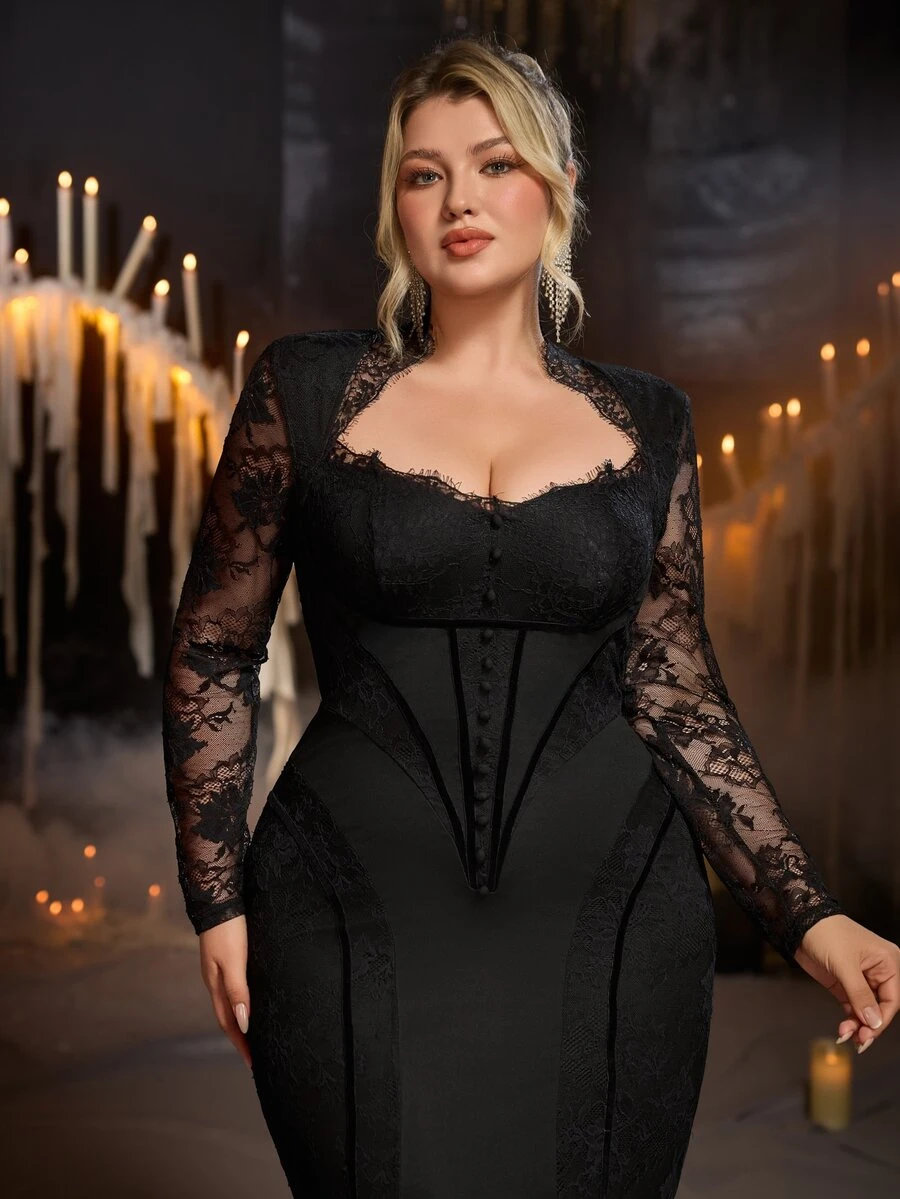 Glamrae Plus Size Black Lace Patchwork Elastic Fabric Cinched Waist Mermaid Tail Gothic Heavy Embellished Evening Gown - Black - View 1