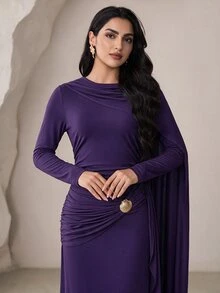 Veilorie Women's Round Neck Long Sleeve Pleated Solid Color Dress - Purple - View 5